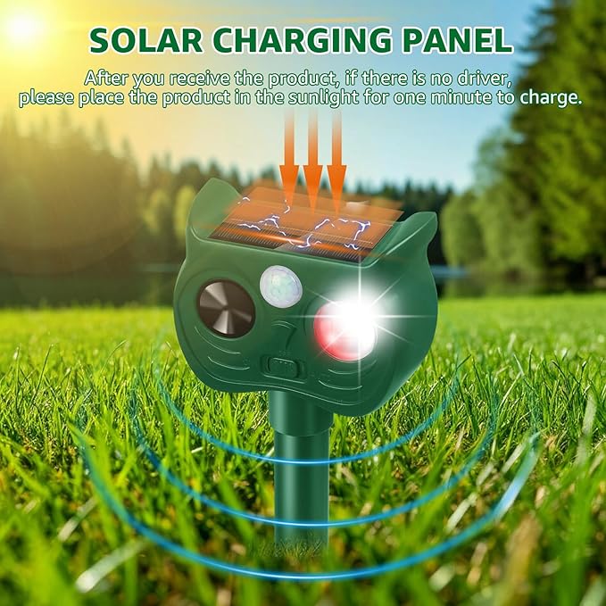 Solar Ultrasonic Animal Repellent Outdoor Motion Sensor Deer Repellent Devices Squirrel Cat Raccoon Rabbit Deterrent with Strobe Light Dual Mode Keep Skunk Away Protection for Yard Garden Lawn 2PCS