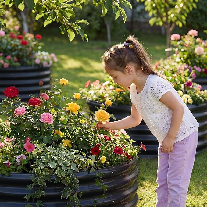 AHEONLAR 3PCS 2x2x2FT Galvanized Raised Garden Bed Kit Round Metal Flower Box Large Planter Raised Beds Outdoor Garden for PlantingFruitHerb Black