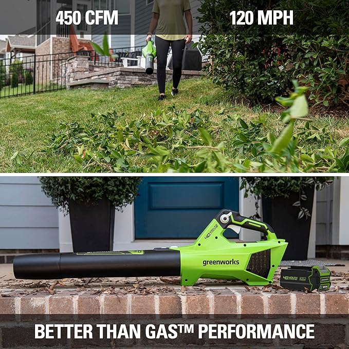 Greenworks 40V (120 MPH / 450 CFM / 75+ Compatible Tools) Cordless Axial Leaf Blower 4.0Ah Battery and Charger Included