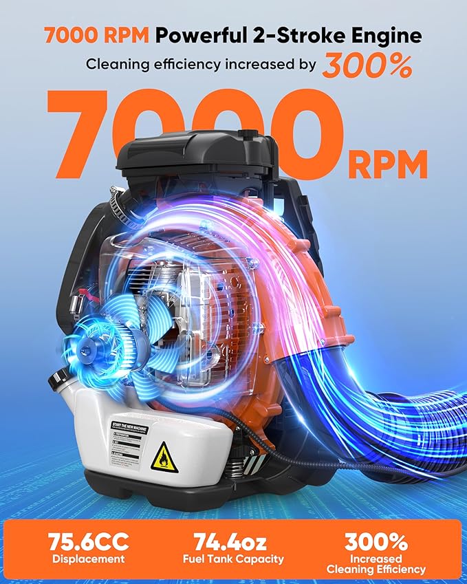 75.6CC Gas Backpack Leaf Blowers 847CFM Powerful Gas Blowers 236 MPH Low Vibration 2-Cycle Ergonomic Harness System for Garden