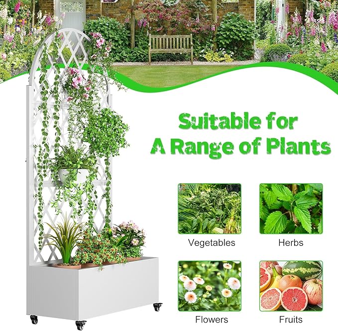 Galvanized Steel Planter Box with Trellis 72.8 H Vertical Garden &amp Privacy Screen Space-Saving Design with Wheels and Drainage Holes for Outdoor Rust-Resistant Raised Garden Bed Black