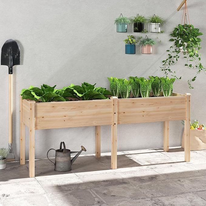 HAPPYGRILL Raised Garden Bed Outdoor Planter Raised Bed w/Drainage Holes Divider Panel 6 Supporting Legs Elevated Wood Planter Box for Backyard Patio Balcony 73” x 23” x 30” (Natural)