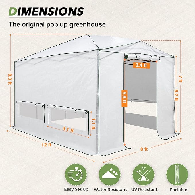 EAGLE PEAK 12x8 Portable Walk in Greenhouse Pop Up Indoor Outdoor Greenhouse Green House Kit with Zippered Roll-Up Doors Windows + Support Pole Woven Cover Translucent