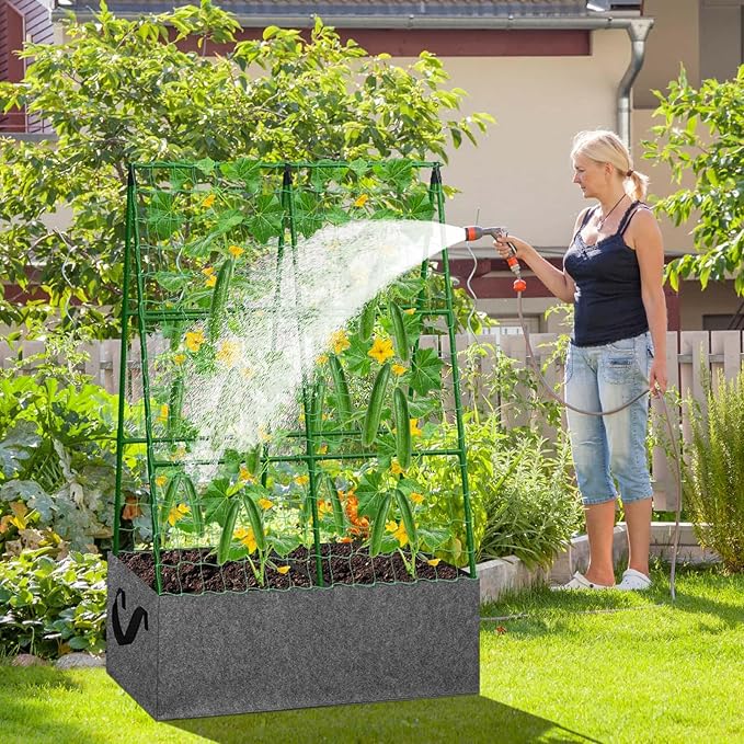 Cucumber Trellis with Grow Bag 50 x 36 Inches Reusable Garden Vegetable Trellis with Fabric Raised Bed Climbing Net and Plant Support Clips for Greenhouse Climbing Plants