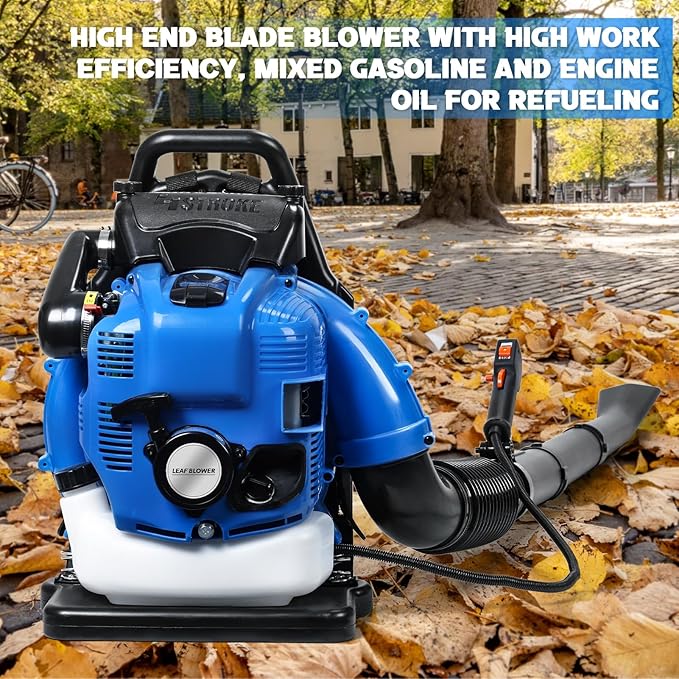 75.6CC 4-Stroke Backpack Leaf Blower Gas Powered &amp Snow Blower 750CFM 205MPH Gas Blowers with Ergonomic Design for Lawn Care Debris Clearing &amp Snow Removal (Blue) Blue
