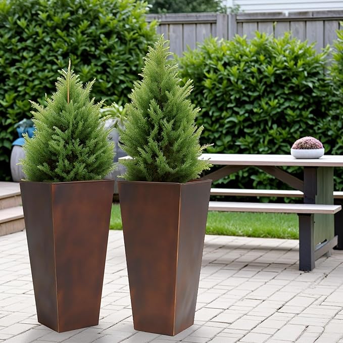 Worth Garden 12 Dia x 25 H Large Metal Planter Set of 2 Matte Bronze Retro Finish Tall Square Tapered Steel Plant Pots Decor Flower Pot Indoor &amp Outdoor Drainage Hole &amp Dual-Purpose Plant