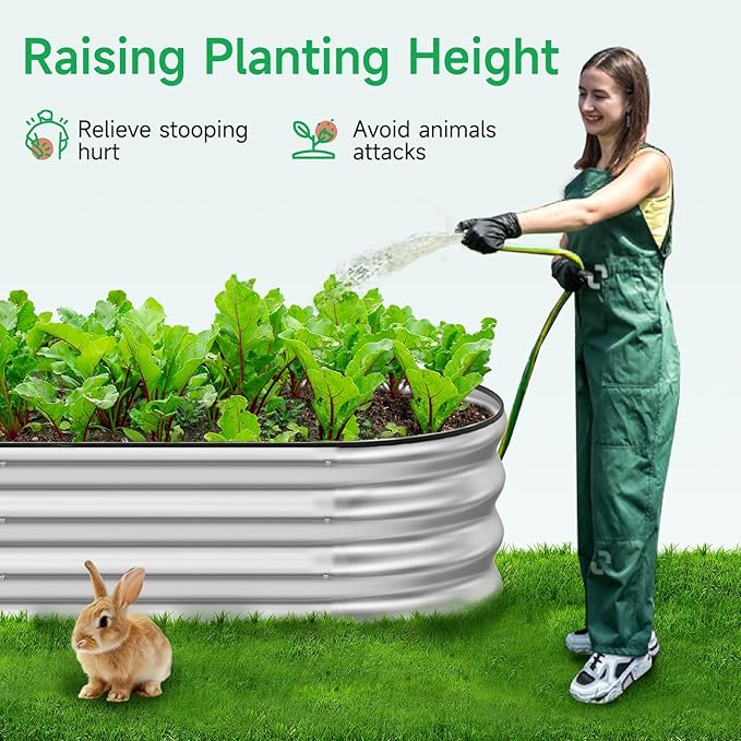 GreatBuddy Galvanized Raised Garden Bed 8×2×1ft Easy Assembly Outdoor Metal Planter Boxes for Vegetables Flower Herb Anti-Rust&amp Weather-Resistant Oval Silver