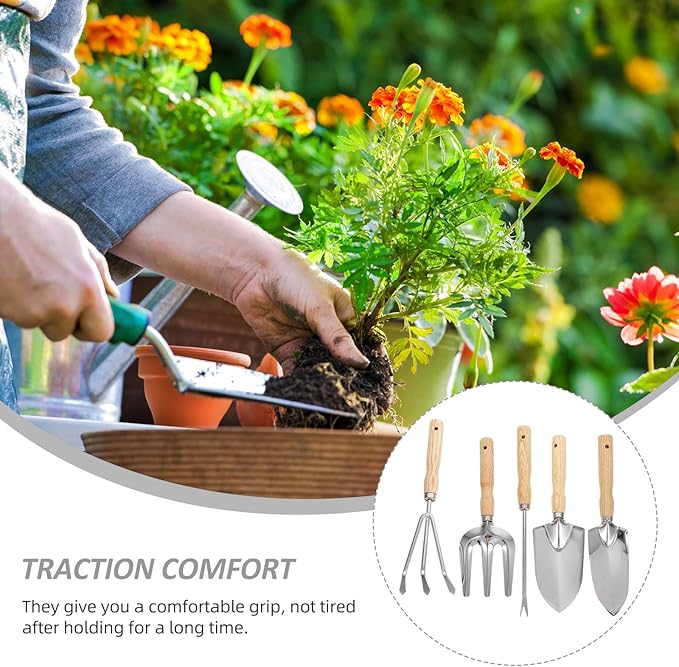 5pcs Garden Tool Set with Wooden Handle Shovel Rake and Fork for Soil Loosening and Weeding Stainless Steel Hand Tools for Outdoor Planting and Home Gardening