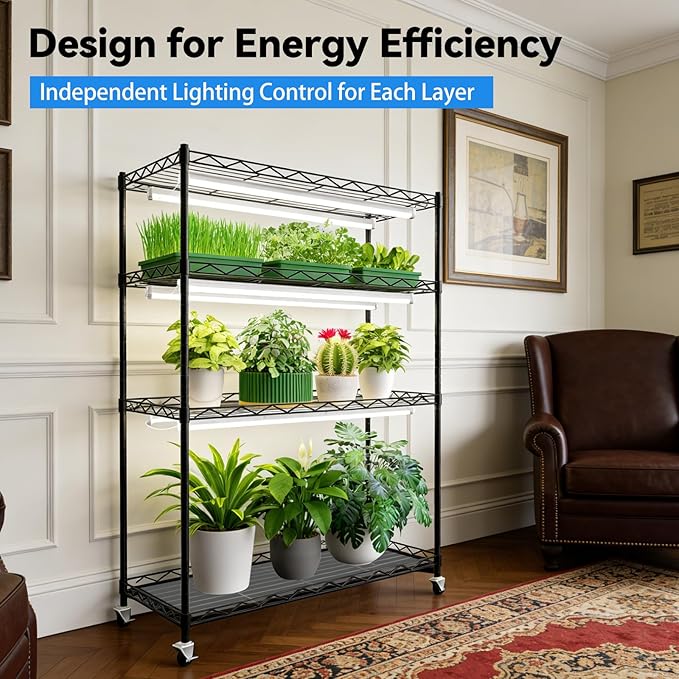 JESLED Indoor Greenhouse with Grow Light 3FT Full Spectrum 5000K LED Light for Seed Starting Tiered Lighting Control Built-in Timer &amp Thermo-Hygrometer Rolling Metal Plant Stand (35.4x13.8x59I