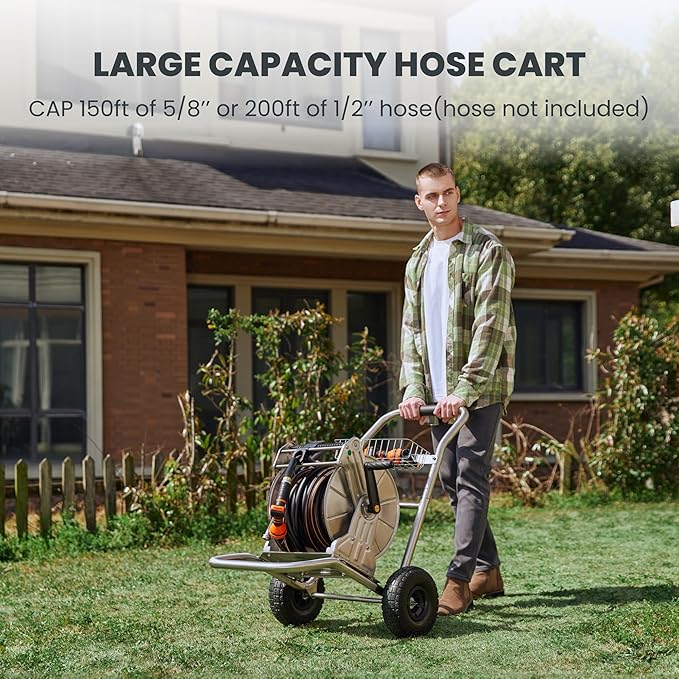 Giraffe Tools Garden Hose Reel Cart with Wheels Stainless Steel Heavy Duty Water Hose Reel Cart 200 ft of 1/2 Capacity Mobile for Outside