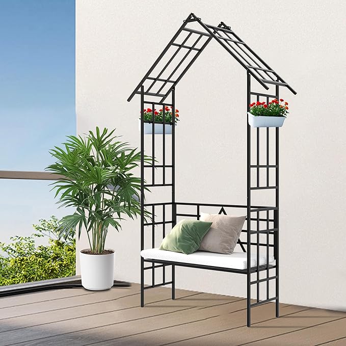 Metal Garden Arch Trellis for Climbing Plants Outdoor Rose Arbor with Bench Turned into Flower Stand Ceremony Decoration Archway with Planter for Wedding Events Lawn Patio Decor