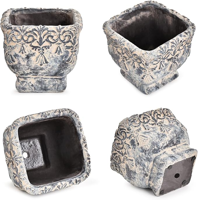 Sungmor 6.5 Inch Cement Plant Pot for Plants Succulent Planter with Embossed Design Vintage Concrete Flowerpots with Drainage Hole Decorative Orchid Houseplant Pot Indoor Outdoor Plant Container