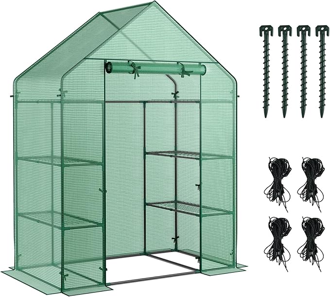 Happygrill Walk-in Greenhouse Potable Greenhouse with Roll-up &amp Zippered Door PE Cover 4 Tier 8 Mesh Shelves for Plants Herb and Flower Greenhouses for Outdoors Patio Lawn Yard 56 x 28x
