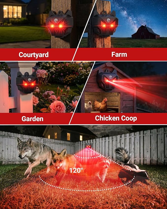 Solar Coyote Deterrent Predator Lights - Nocturnal Animal Repeller with Red LED Flashing Lights for Chicken Coop Yard &amp Garden Protection Against Raccoons Foxes Deer Skunks Hawks