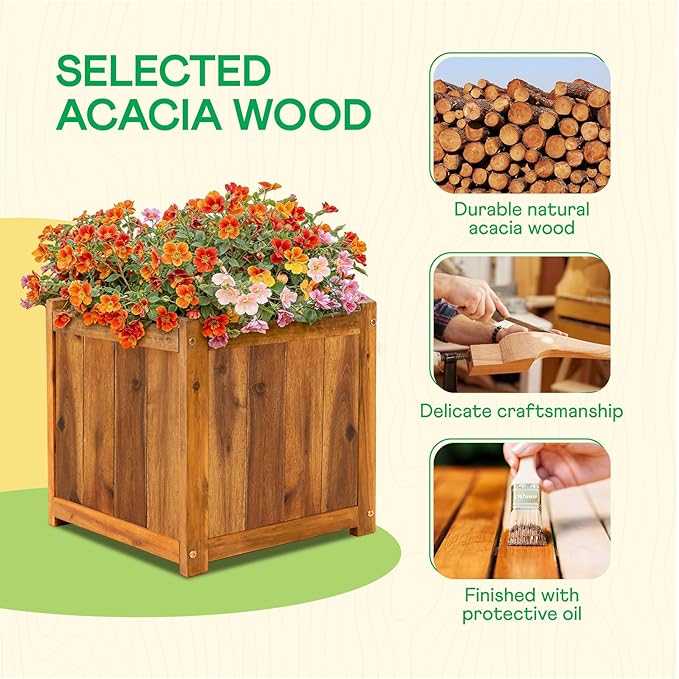 Idzo Acacia Wood Flower Planter Box for Outdoor Plants 1pc Wooden Raised Garden Bed with Handles Drainage Holes Ideal for Garden and Home Décor Light Cherry