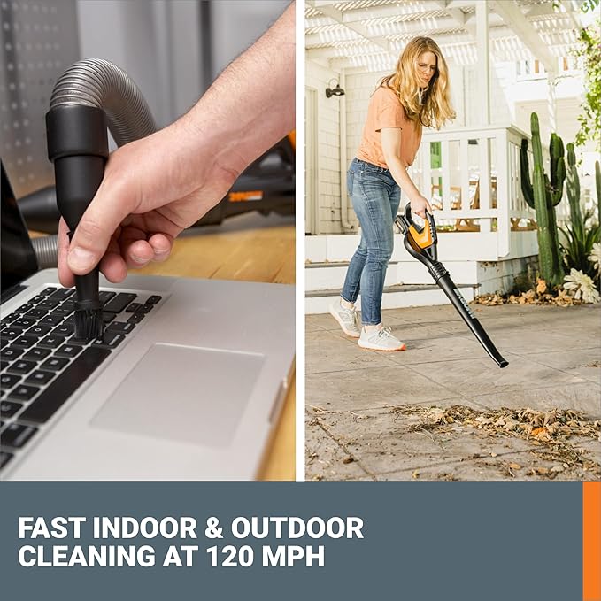 WORX Cordless Leaf Blower Electric Blowers for Lawn Care with 120 MPH &amp 3.5 LBS Long Nozzle Design for Narrow Spaces with Cleaning Attachments Battery &amp Charger Included WG545.1