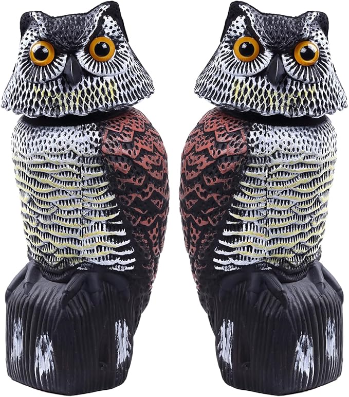 Hedoc 2 Pack Fake Owl Decoys to Scare Birds Away(15 inch) Rotating Head Sculptures Nature Enemy Scarecrow Plastic Statues Pest RepellentPigeon Deterrent Outdoor Yard Garden Protectors