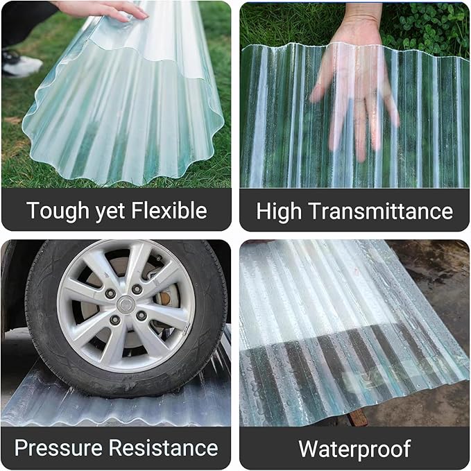 4 PCS Clear Polycarbonate Roofing Sheet Splicable Corrugated Greenhouse Panels Plastic UV Resistant Roofing Canopy Cover Easy Cut Covering Panel (Clear 4PCS 2.95x3.92ft)