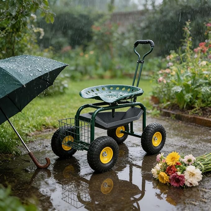 3-in-1 Garden Cart with Seat - Rolling Stool Adjustable Height Storage Tray &amp Utility Basket (Green)