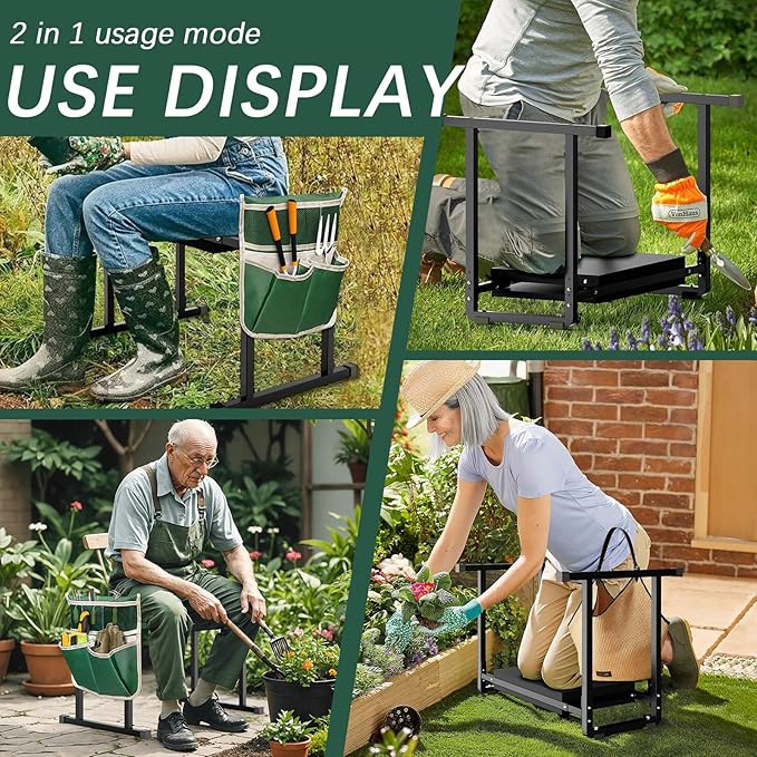 Garden Kneelers Seat Stable and Save Anti-Tipping Design 10.2 Wider Garden Kneeler and Seat with Handle Heavy Duty Gardening Stool for Seniors Gardening Weeding Bench for Gardeners Parents - Black