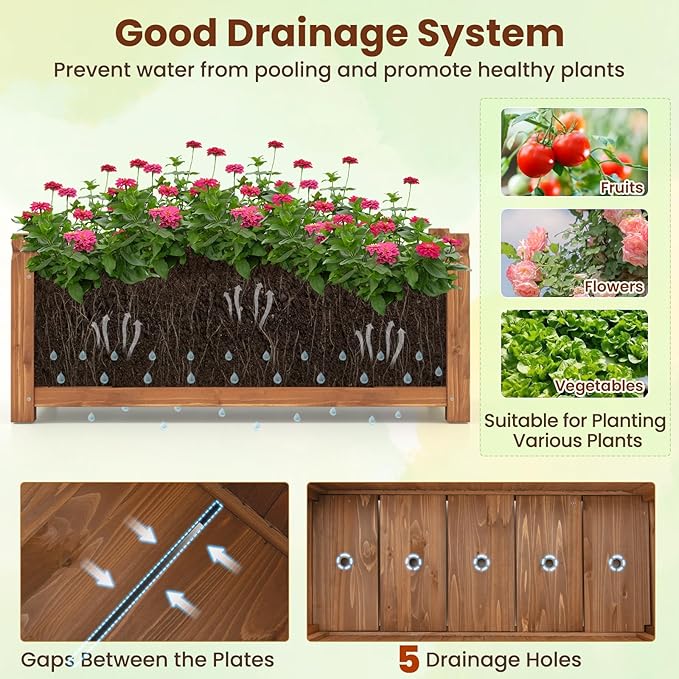2 Pcs Raised Garden Bed 36”L x 16”W x 15”H Wooden Planter Boxes w/Drainage Holes &amp Removable Base Rectangular Garden Bed for Flowers Herbs Vegetables Fruits Patio Balcony Yard