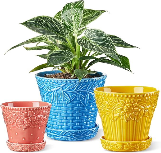 Ceramic Plant Pots 3.8+4.9+5.8 Inch Set of 3 Flower Pots with Drainage Hole &amp Saucer Embossed Planter Pots for House Plants Home Decor Set of 4 Assorted Colors