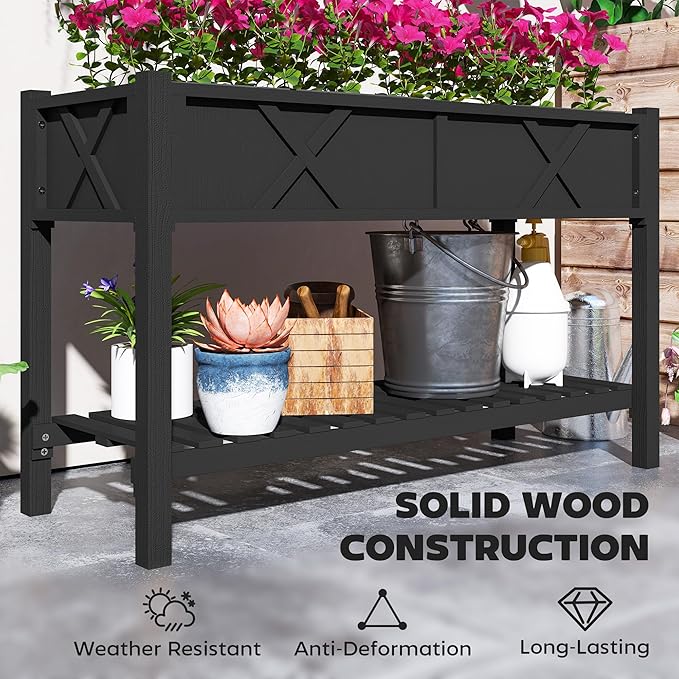 Elevated Wood Planter Box with Storage Shelf &amp Liner Raised Garden Bed with Drainage Holes Complete Gardening Solution for Patio Deck &amp Backyard (Black)