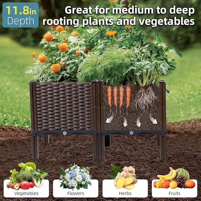Rattan Raised Garden Bed with Legs-Rectangular Elevated Deep Planters for Outdoor Plants Self Watering Planter Box 32L x 16W x 20H Rectangular Deep Garden Bed for Vegetables Flowers Herbs