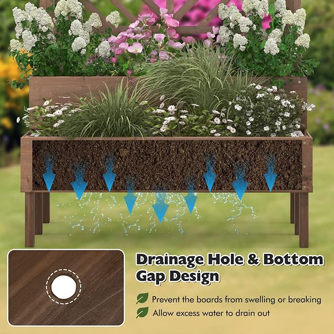 LDAILY Raised Garden Bed with Trellis &amp 2 Planter Boxes 2-Tier Wooden Raised Bed with Bottom Elevated Legs &amp 10 Drainage Holes Gardening Planter Box for Flowers/Vegetables/Fruits in Backyar
