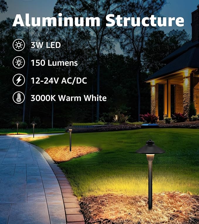 SUNVIE Low Voltage Pathway Lights LED Landscape Lighting 3000K Waterproof Landscape Path Lights 3W Landscape Lighting for Walkway Yard ETL Listed Cord 12 Pack