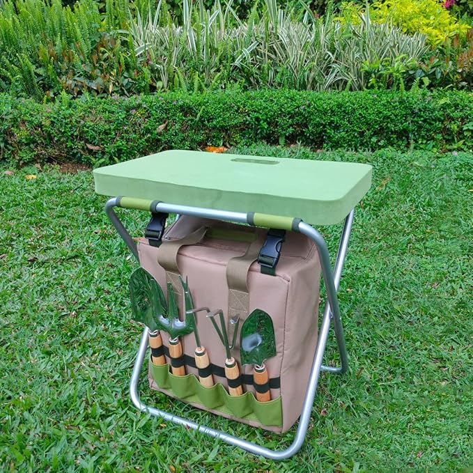 Garden Folding Gardener Stool with Gardening Tools Insulation Garden Bags Plus 5 Garden Tools and Gardening Kneeler Ideal Gift for Mother's Day/Father's Day