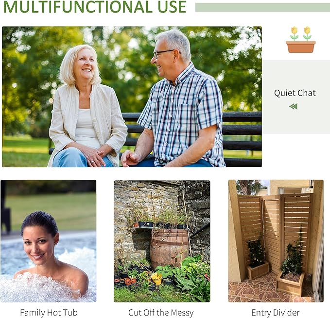 Outsunny Freestanding Outdoor Privacy Screen 4 Self-Draining Planters/Raised Garden Beds 3 Hinged Panels for Hot Tub Patio Backyard Deck Natural