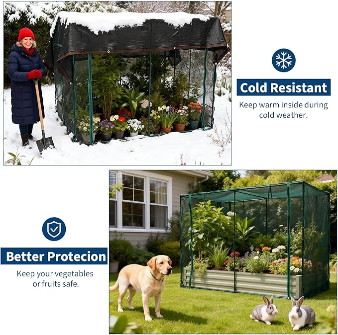 Raised Garden Bed with Plant Netting Cover 8 x 4 x 1 ft Garden Bed Cover with Zippered Door Shade Canopy &amp Frame Easy to Install for Vegetables Fruits