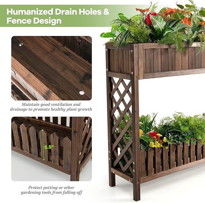 Giantex Planter Raised Bed Elevated Potted Plant Rack W/Shelf Fence Wooden Standing Plant Container Box w/Trellis for Vegetable Flower Herb Succulent Indoor Outdoor Patio Balcony (Brown)