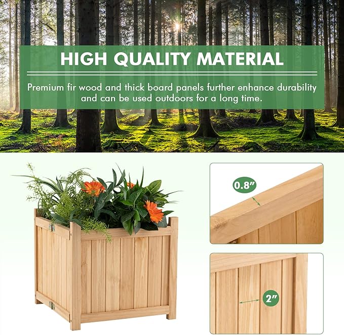 S AFSTAR Outdoor Wooden Planter Box Folding Raised Garden Bed W/Drainage Hole Patio Square Plant Container for Flowers Vegetables Fruits Herbs Collapsible Planting Box for Yard 15 x 15 x 14