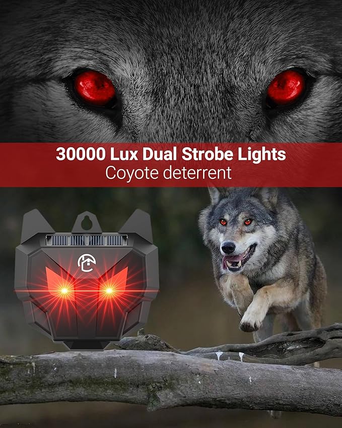 Solar Coyote Deterrent Predator Lights - Nocturnal Animal Repeller with Red LED Flashing Lights for Chicken Coop Yard &amp Garden Protection Against Raccoons Foxes Deer Skunks Hawks