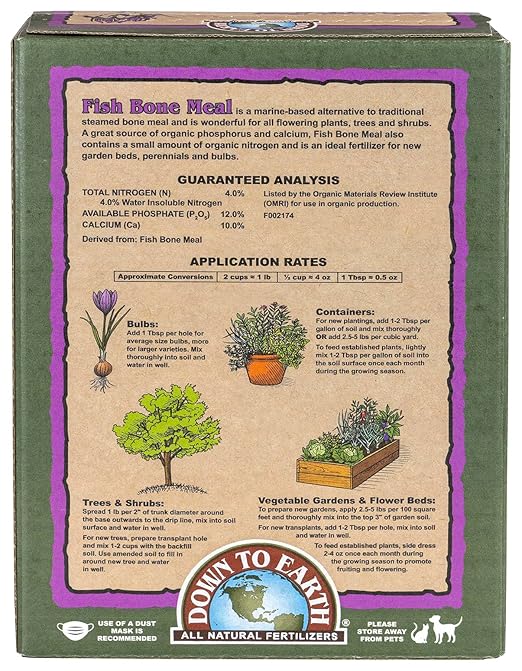 Down To Earth All Natural Fertilizers Organic Fish Bone Meal - High Phosphorus Plant Food for Buds Bulbs Blooms Flower Beds 4-12-0 5 lb