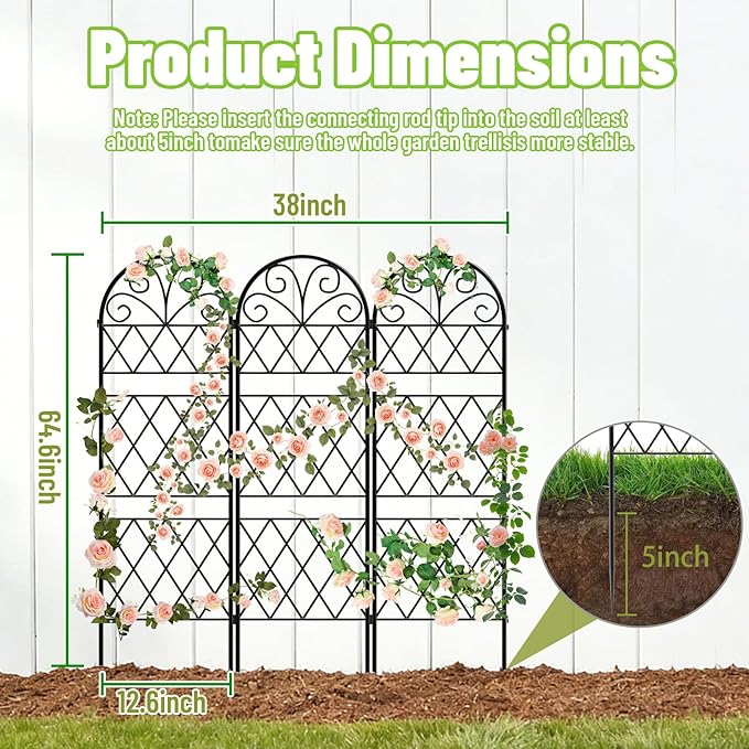 Garden Trellis for Climbing Plants 3 Pack 38 Wx 64.6 H Rustproof Flower Trellis with Black Coating Outdoor Climbing Rose Trellis Cucumbers Support for Courtyards Lawns (Diamond-Shaped Grid)