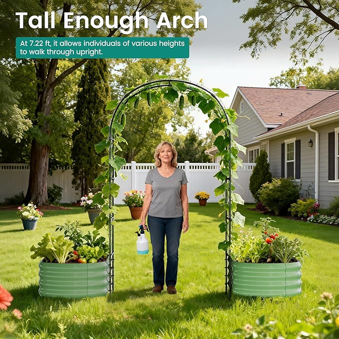 DoCred 3 in 1 Raised Garden Bed with 87in Tall Arch Trellis for Climbing Plants Galvanized Planter Garden Box Outdoor for Gardening Climbing Vegetables Flower Green