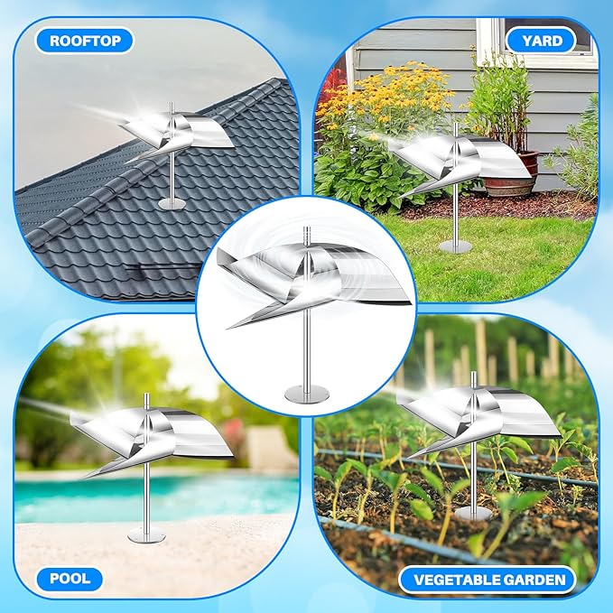 Qualirey 4 Pack Reflective Pinwheel Bird Deterrent Spinning Reflective Kites Bird Scare Device Keep Pigeon Woodpeckers and Sparrows Away Outdoor Use Boats Roofs Vegetable Gardens