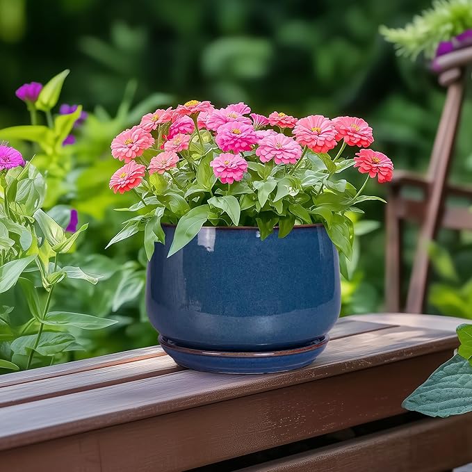 G EPGardening Ceramic Planter 6 Inch - Round Modern Ceramic Pot for Plants with Drainage and Plant Tray Indoor for Flower Apartment Decor Housewarming Gifts New Home Retro Blue