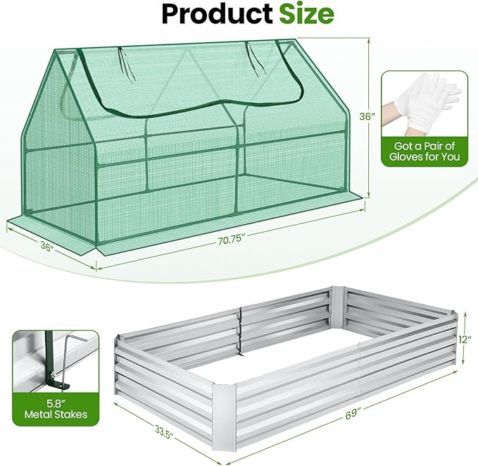 Suyncll 6x3x1FT Galvanized Raised Garden Bed with Cover Metal Planter Box Kit w/ 2 Roll-Up Large Zipper Windows Mini Greenhouse for Outdoor Growing Vegetables with 1 Pair of Gloves