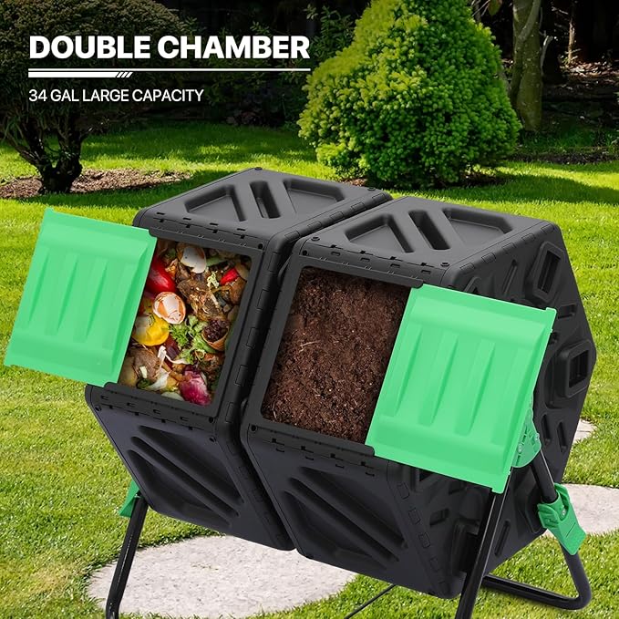 MoNiBloom 34 Gallon Compost Bins Outdoor Dual Chamber Composter Tumbler All-Season Fast Working Tumbling Composter High Volume Composter with 2 Sliding Doors