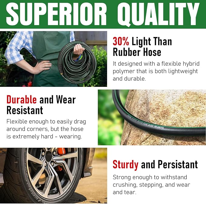 Heavy Duty Garden Hose 50ft NON-EXPANDABLE Flexible Water Hose Kink Resistant Lightweight Hybrid Hose Leakproof Hose Male to Female Fittings