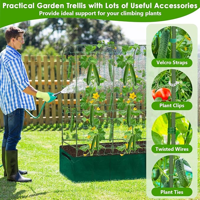 Cucumber Trellis for Climbing Plants with Grow Bag 61 Tall Metal U-Frame Garden Trellis for Raised Bed with Garden Netting and Plant Clip Plant Ties for Vegetables Squash Pea Grape