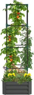 Galvanized Raised Garden Bed 24 x 24 x 11.75 Outdoor Planter Box with Trellis Tomato Cage and Open Bottom for Climbing Vines Vegetables Flowers in Backyard Garden Patio Gray