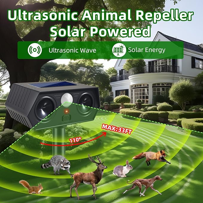 Solar Ultrasonic Animal Repellent Outdoor Deer Cat &amp Rabbit Deterrent with PIR Sensor Squirrel Raccoon Skunk &amp Dog Repeller for Yard Armadillos Scare Devices for Lawn (4 Pack)