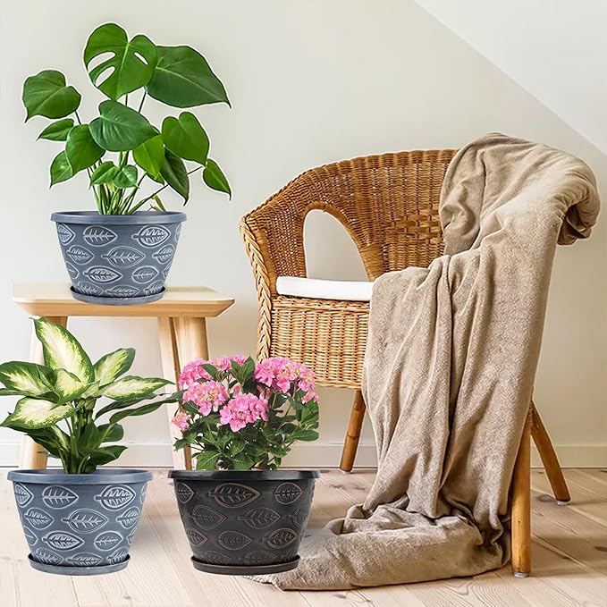 3 Pack Flower Pots Outdoor 11 Inch Plant Pots Indoor Large-Plastic-Plant-Flower-Planters-Pots with Drainage Hole &amp Tray Modern Decorative Garden Pot with Saucer(Brown)