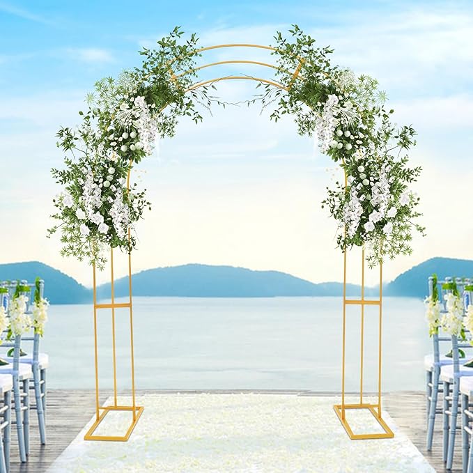 Metal Wedding Garden Arch Trellis: 8.53Ft Heavy Duty Backdrop Balloon Archway Decoration Stand with Sturdy Base - Indoor Outdoor Party Ceremony Arches Frame Climbing Flower Plant Garden Arbor Gold