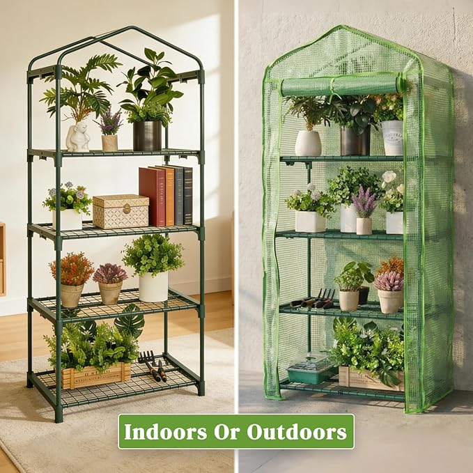 4 Tier Mini Greenhouse - Portable Indoor Outdoor Green House with 24lbs Per Shelf Durable PE Cover &amp Tool-Free Assembly for Garden Balcony Patio Backyard